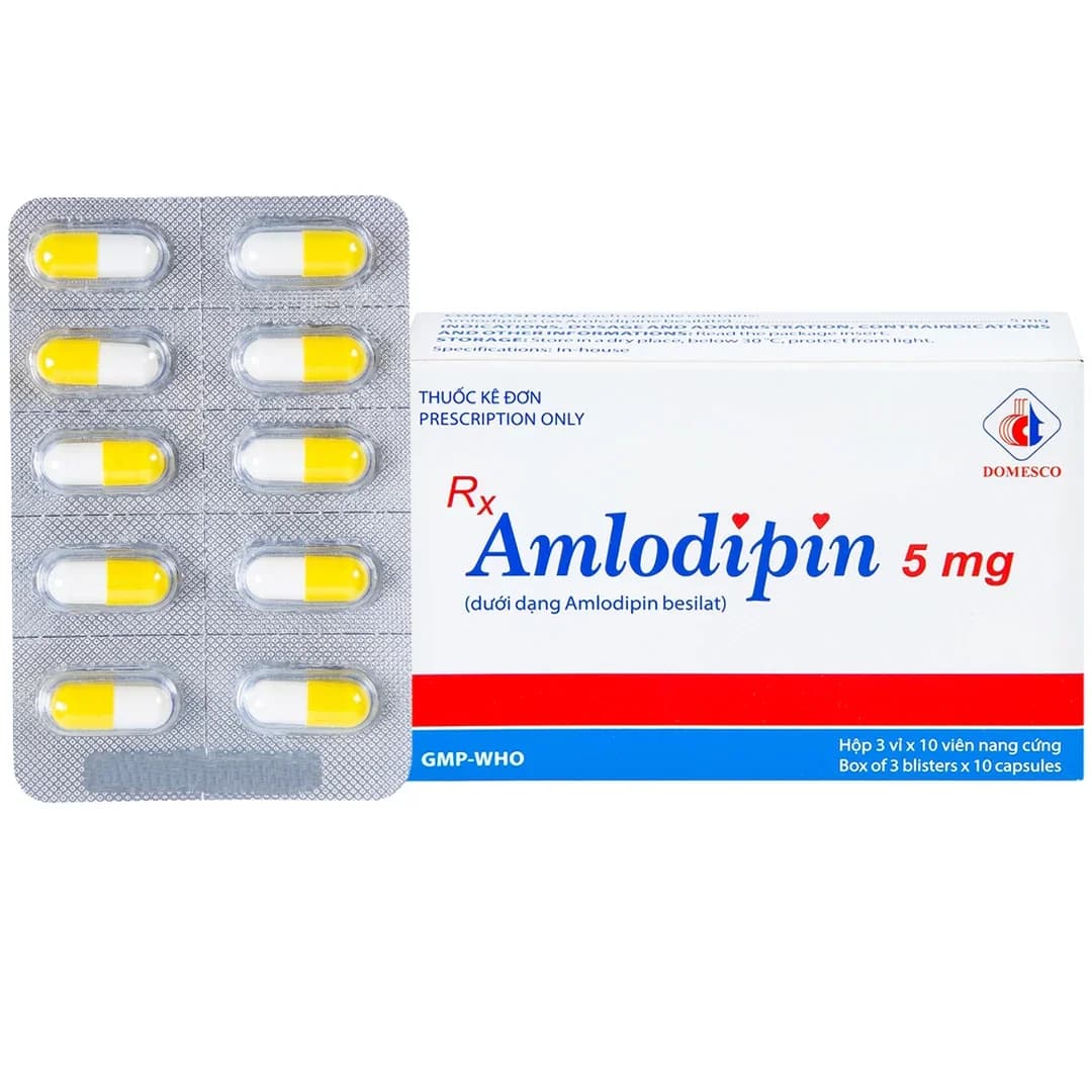 Thuốc Amlodipin 5mg Domesco điều trị tăng huyết áp, đau thắt ngực (3 vỉ x 10 viên)